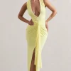 Santana | Lemon Plunge-Neck Split Maxi Dress With Knot Detail