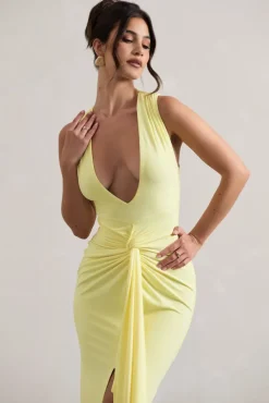 Santana | Lemon Plunge-Neck Split Maxi Dress With Knot Detail