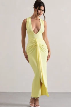Santana | Lemon Plunge-Neck Split Maxi Dress With Knot Detail