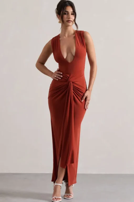 Santana | Terracotta Plunge-Neck Split Maxi Dress With Knot Detail