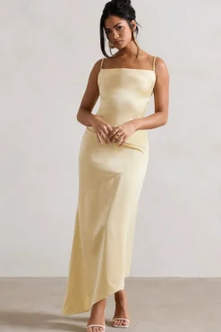 Santi | Lemon Satin Cowl-Neck Asymmetric Maxi Dress
