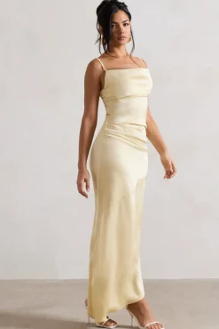 Santi | Lemon Satin Cowl-Neck Asymmetric Maxi Dress