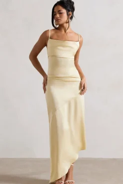 Santi | Lemon Satin Cowl-Neck Asymmetric Maxi Dress
