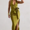 Santorini | Olive Satin Plunge-Neck Wrap Maxi Dress