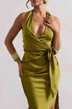 Santorini | Olive Satin Plunge-Neck Wrap Maxi Dress