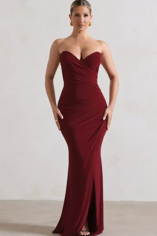 Saphira | Berry Gathered Corset Style Split Maxi Dress