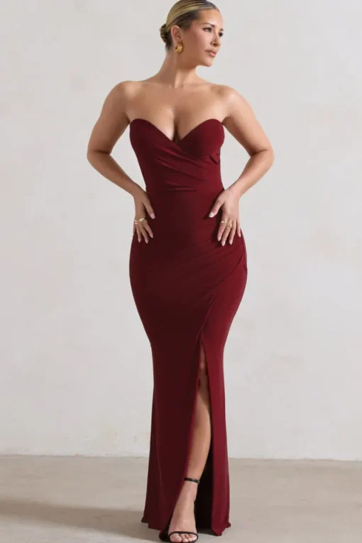Saphira | Berry Gathered Corset Style Split Maxi Dress