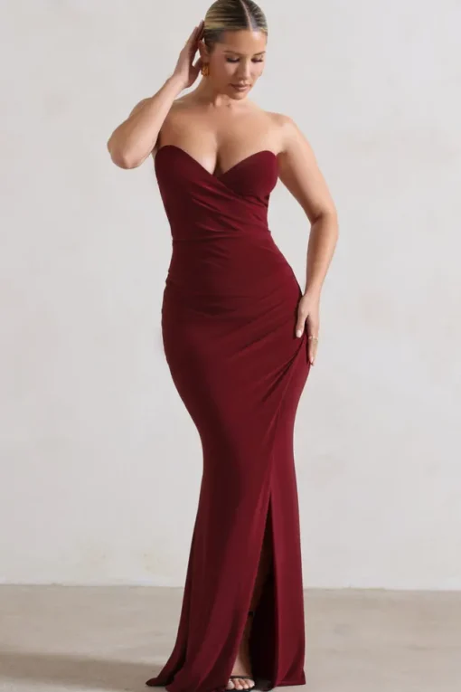 Saphira | Berry Gathered Corset Style Split Maxi Dress