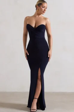 Saphira | Navy Gathered Corset Style Split Maxi Dress