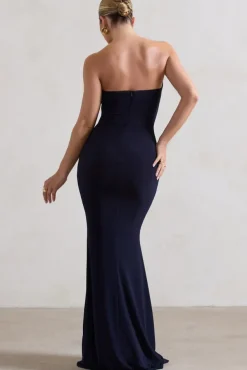 Saphira | Navy Gathered Corset Style Split Maxi Dress