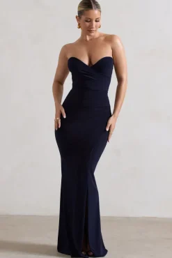 Saphira | Navy Gathered Corset Style Split Maxi Dress