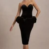 Sarifa | Black Velvet Strapless Corset Midi Dress With Ruffle Peplum