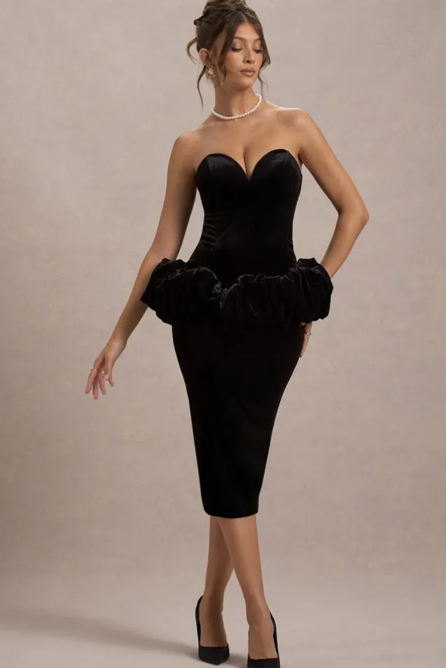 Sarifa | Black Velvet Strapless Corset Midi Dress With Ruffle Peplum
