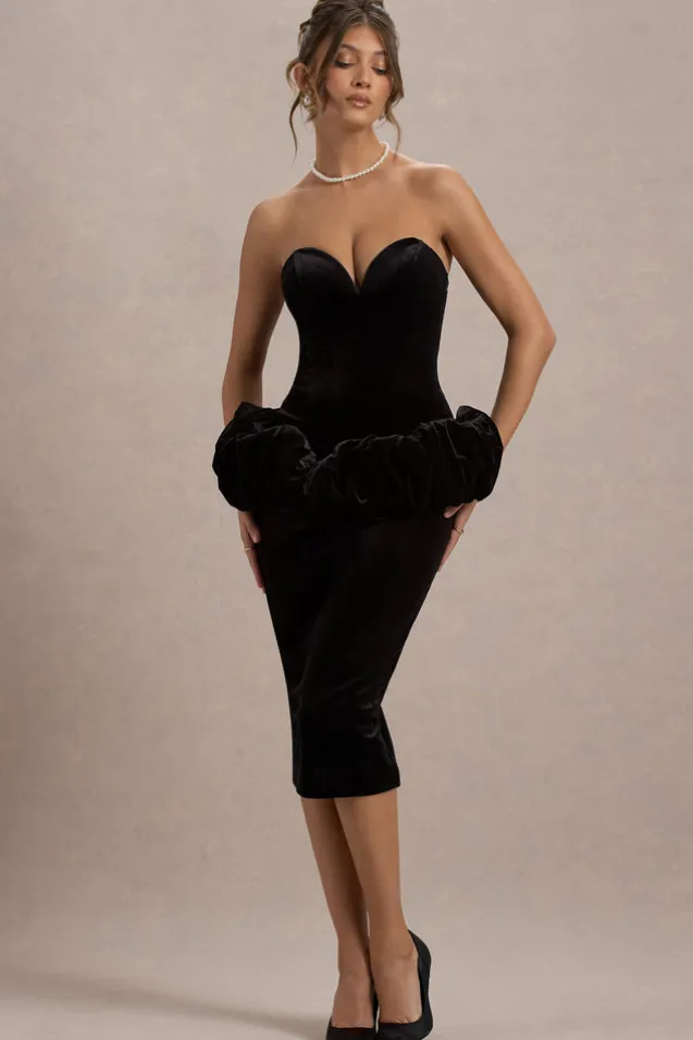 Sarifa | Black Velvet Strapless Corset Midi Dress With Ruffle Peplum