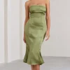 Sauvignon | Olive Satin Bandeau Midi Dress With Cowl Back