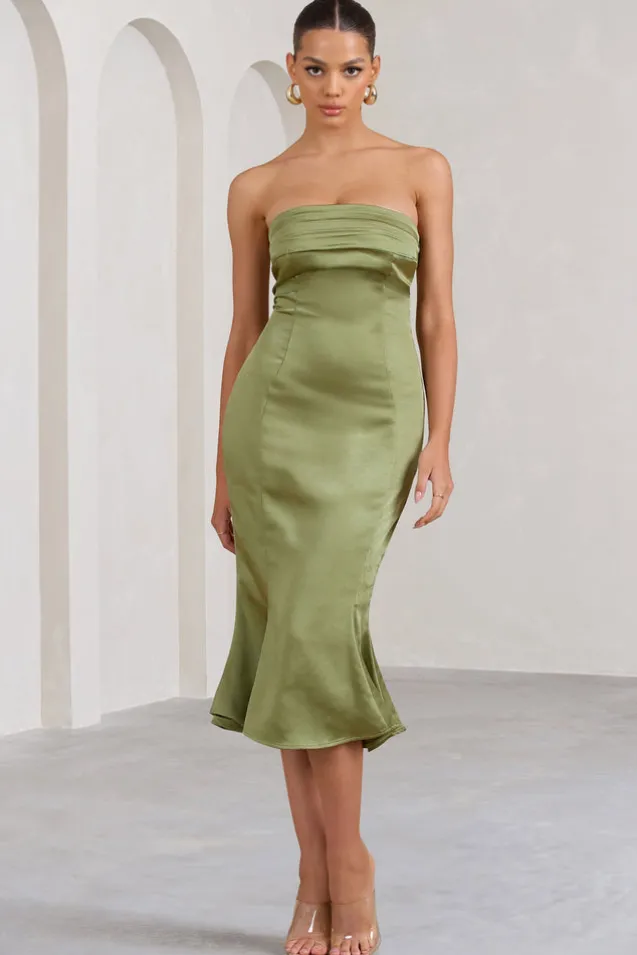 Sauvignon | Olive Satin Bandeau Midi Dress With Cowl Back