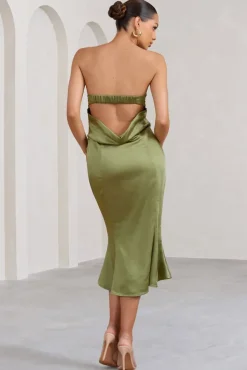 Sauvignon | Olive Satin Bandeau Midi Dress With Cowl Back