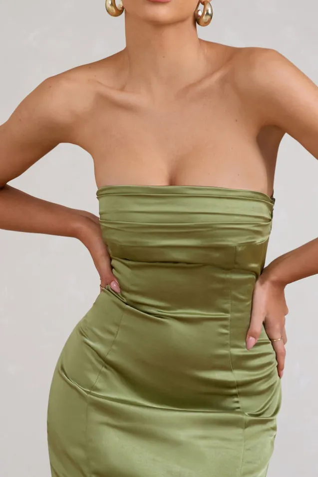 Sauvignon | Olive Satin Bandeau Midi Dress With Cowl Back