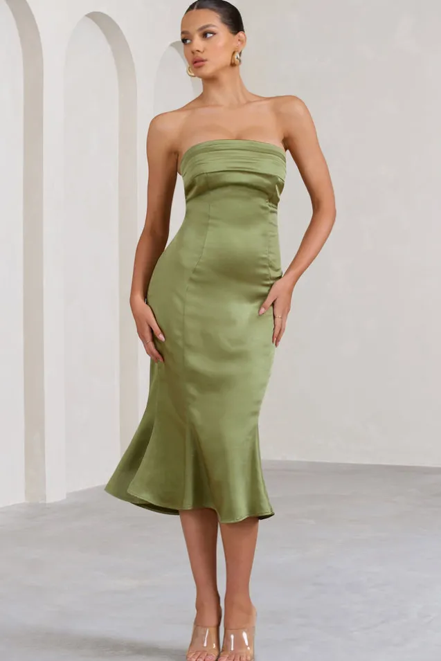 Sauvignon | Olive Satin Bandeau Midi Dress With Cowl Back