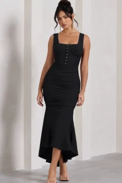 Savannah | Black Square-Neck Corset Fishtail Maxi Dress