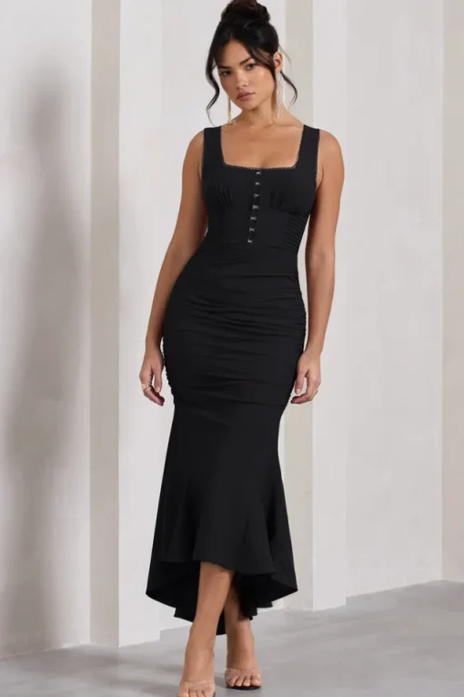 Savannah | Black Square-Neck Corset Fishtail Maxi Dress