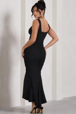 Savannah | Black Square-Neck Corset Fishtail Maxi Dress