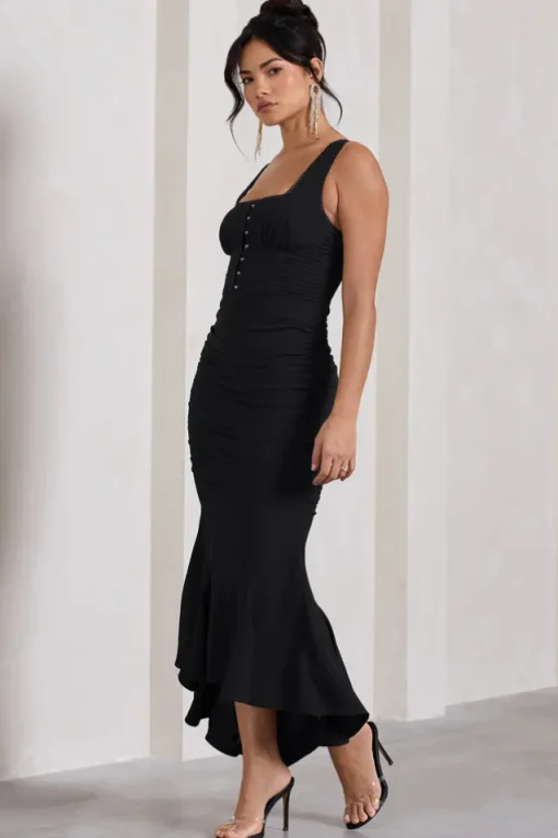 Savannah | Black Square-Neck Corset Fishtail Maxi Dress