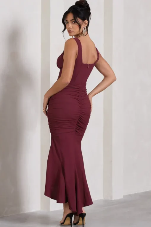 Savannah | Burgundy Square-Neck Corset Fishtail Maxi Dress