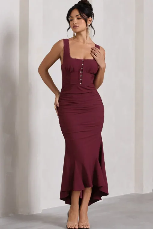 Savannah | Burgundy Square-Neck Corset Fishtail Maxi Dress