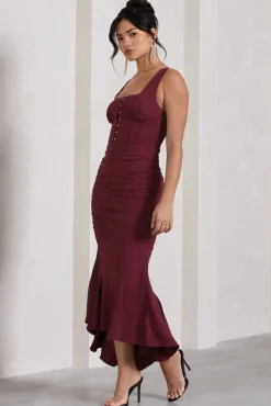 Savannah | Burgundy Square-Neck Corset Fishtail Maxi Dress