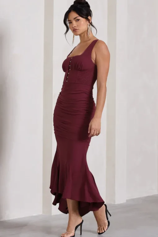 Savannah | Burgundy Square-Neck Corset Fishtail Maxi Dress