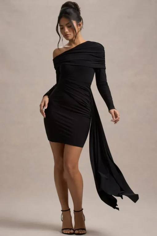 Savita | Black Ruched Asymmetric Mini Dress With Drape