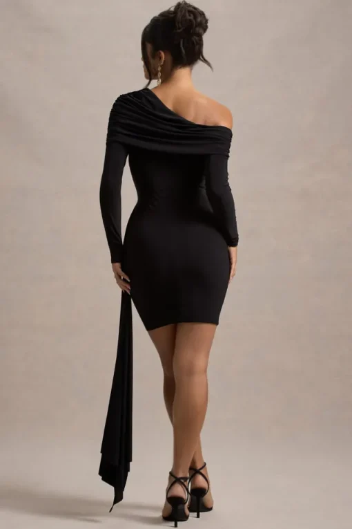Savita | Black Ruched Asymmetric Mini Dress With Drape