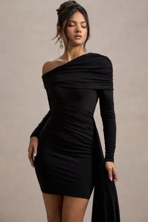 Savita | Black Ruched Asymmetric Mini Dress With Drape