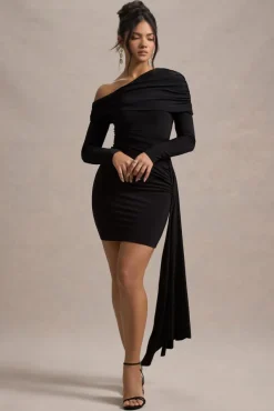 Savita | Black Ruched Asymmetric Mini Dress With Drape