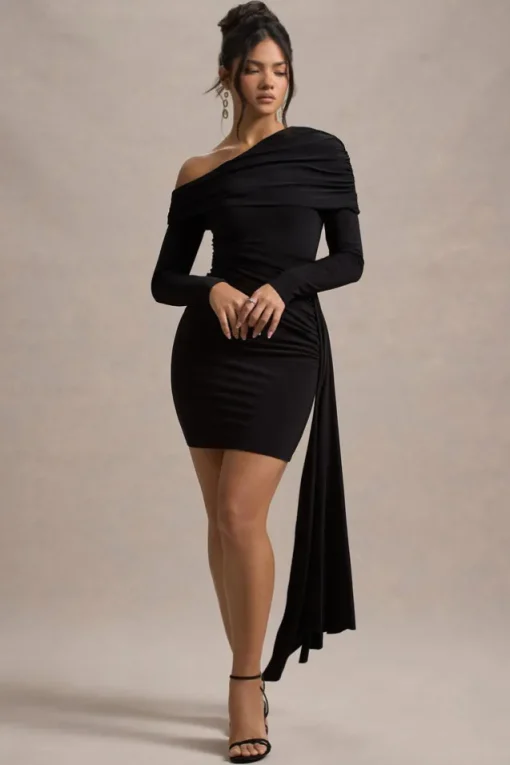 Savita | Black Ruched Asymmetric Mini Dress With Drape
