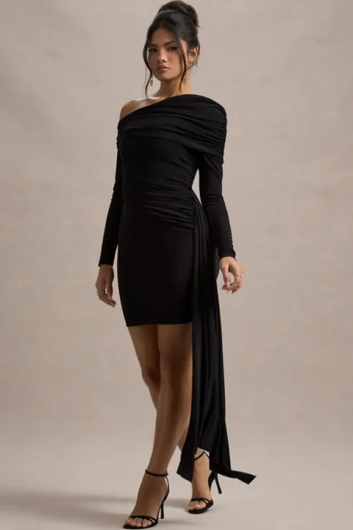 Savita | Black Ruched Asymmetric Mini Dress With Drape