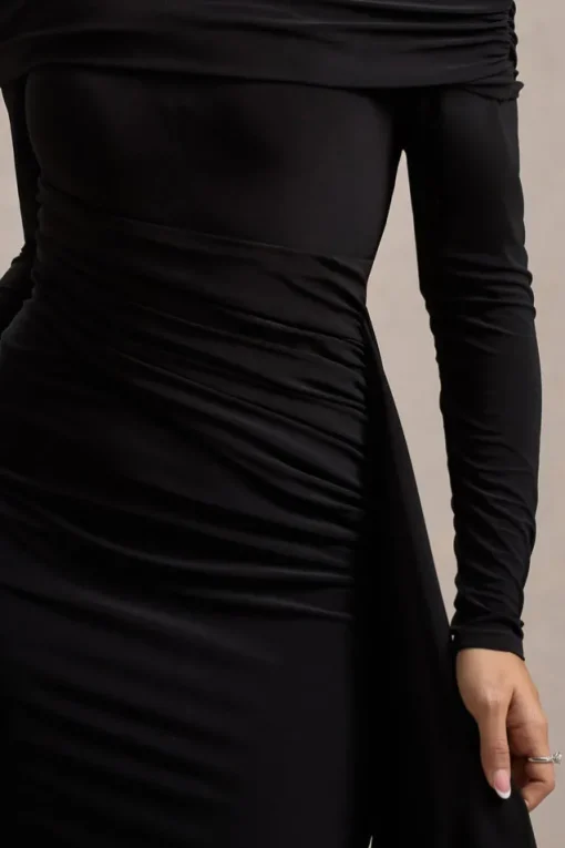 Savita | Black Ruched Asymmetric Mini Dress With Drape