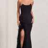 Say Yes | Black Corset Maxi Dress With Split Feather Skirt
