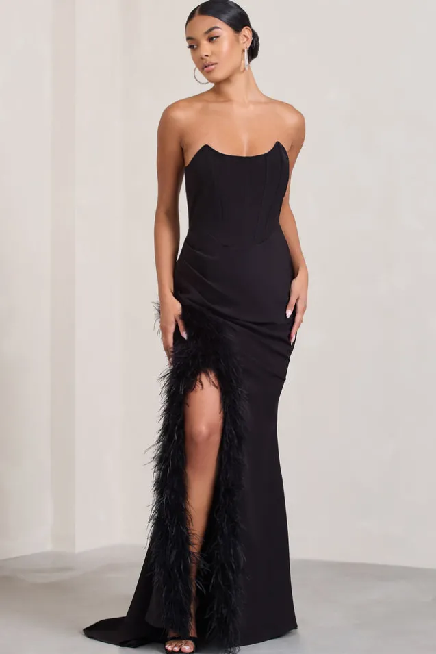 Say Yes | Black Corset Maxi Dress With Split Feather Skirt