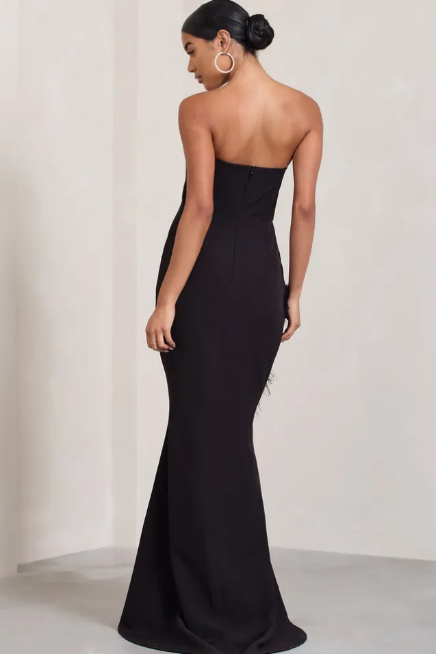 Say Yes | Black Corset Maxi Dress With Split Feather Skirt