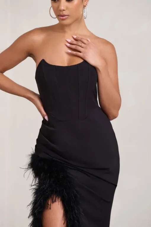 Say Yes | Black Corset Maxi Dress With Split Feather Skirt