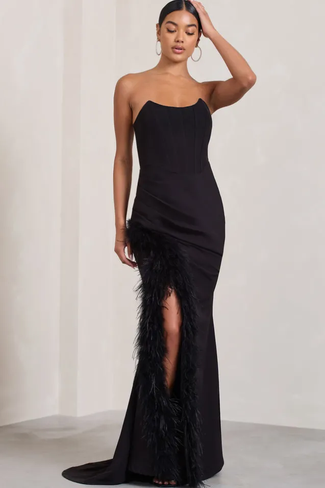 Say Yes | Black Corset Maxi Dress With Split Feather Skirt
