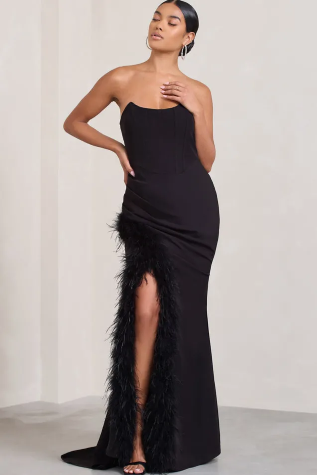 Say Yes | Black Corset Maxi Dress With Split Feather Skirt