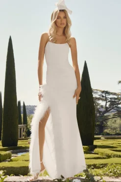 Say Yes | White Corset Maxi Dress With Split Feather Skirt