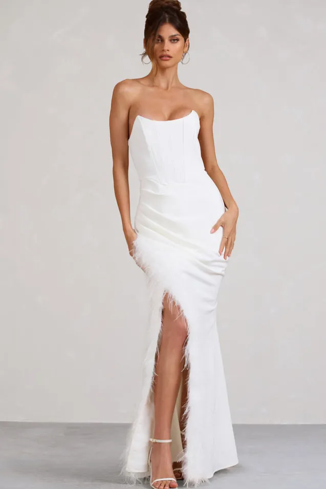 Say Yes | White Corset Maxi Dress With Split Feather Skirt