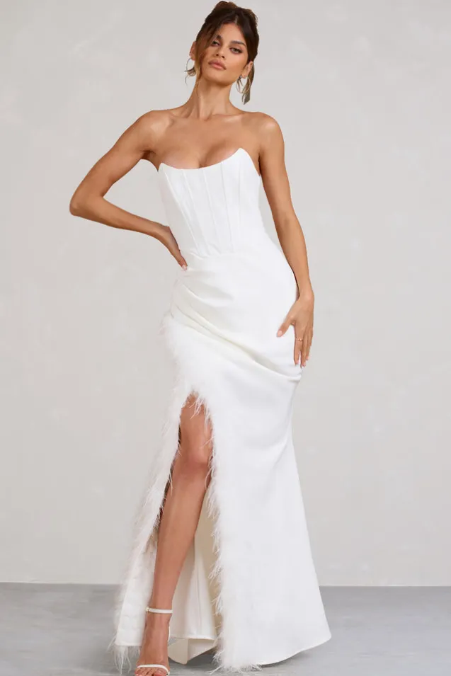 Say Yes | White Corset Maxi Dress With Split Feather Skirt