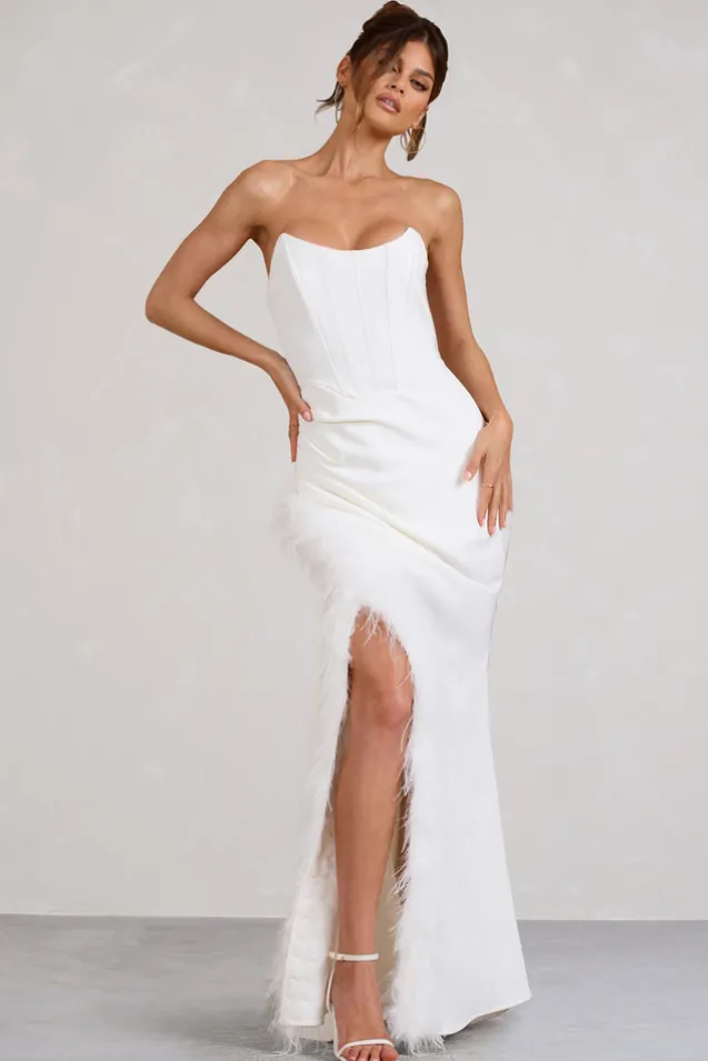 Say Yes | White Corset Maxi Dress With Split Feather Skirt