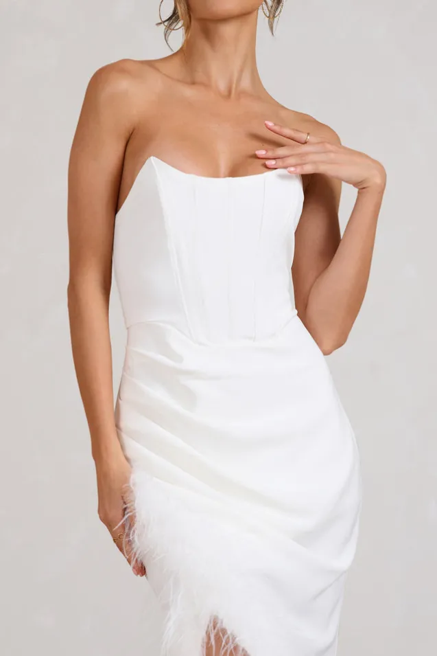 Say Yes | White Corset Maxi Dress With Split Feather Skirt