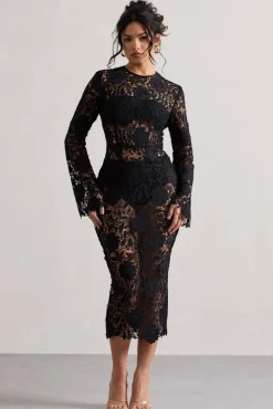 Scandal | Black Lace Long-Sleeved Midi Dress